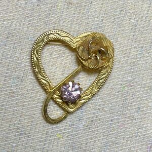 5 for $20!! VTG Brooch Pin Heart Gold Tone Rose Pink Rhinestone